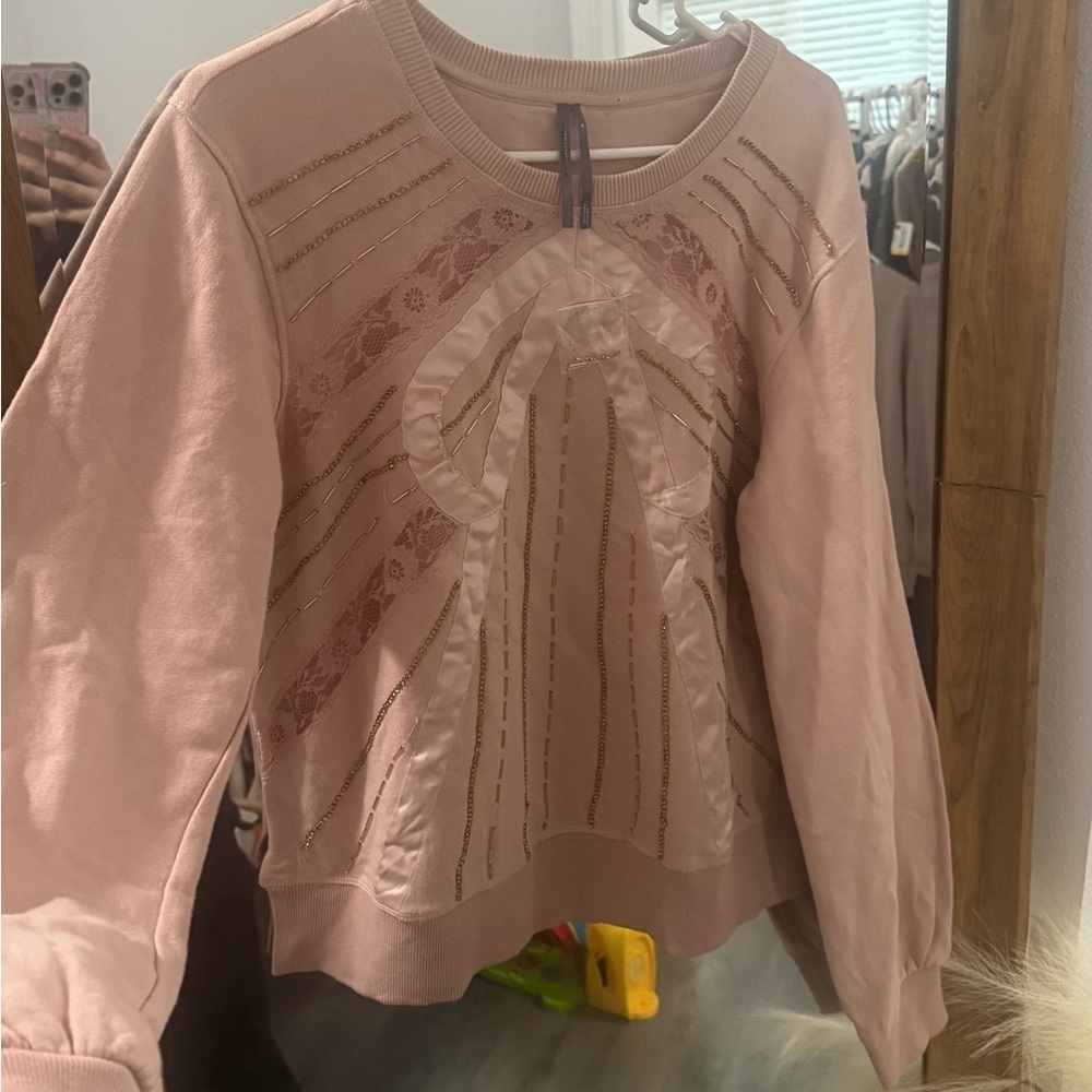 BNWT Anthropologie Beaded Bow Sweatshirt Top - Picture 2 of 5